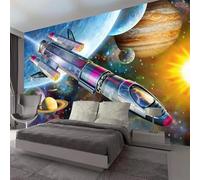 FGJFGGFR Self-Adhesive PVC Mural 3D Living Room Wallpaper Cartoon Space Universe Rocket Indoor Background Wall Art Sticker Wall Painting