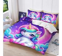 Fgolphd Magical Unicorn with Rainbow & Moon Stars Bedding Set, 3D Printed Duvet Cover with Pillowcases, Soft Microfiber, Zipper Closure, All Seasons, For Kids Teens Boys Girls Double