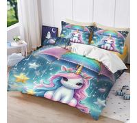 Fgolphd Magical Unicorn with Rainbow Umbrella Bedding Set, 3D Printed Duvet Cover with Pillowcases, Soft Microfiber, Zipper Closure, All Seasons, For Kids Teens Boys Girls Super King