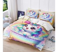 Fgolphd Playful Unicorn in Rainbow Bathtub Bedding Set, 3D Printed Duvet Cover with Pillowcases, Soft Microfiber, Zipper Closure, All Seasons, For Kids Teens Boys Girls single