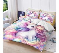 Fgolphd Rainbow Unicorn with Floral Crown & Bubbles Bedding Set, 3D Printed Duvet Cover with Pillowcases, Soft Microfiber, All Seasons, Zipper Closure, For Kids Teens Boys Girls Double