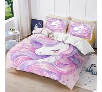Fgolphd Stars & Pink Hearts Dreamy Unicorn Bedding Set ，3D Printed Duvet Cover with Pillowcases, Soft Microfiber, All Seasons, Zipper Closure, For Kids Teens Boys Girls Double