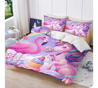 Fgolphd Unicorn Flamingo with Cupcake & Rainbow Bedding Set, 3D Printed Duvet Cover with Pillowcases, Soft Microfiber, All Seasons, Zipper Closure, For Kids Teens Boys Girls Super King