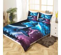 Fgolphd Wolf Bedding Set for Teens Adults - 3D Galaxy Howling Wolf Print Duvet Cover Set, Soft Microfiber Comforter Cover with Double