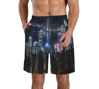 FGPkjh Aerial Night of View Hong Kong Print Stylish Men Beach Shorts Lightweight Cozy Swim Trunks Summer Casual Outings Holiday White
