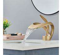 FGRDMUKP Black Bathroom Basin Taps Single Handle Waterfall Faucet Solid Brass Basin Mixer Taps Creative Hollowed Out Design Water Tap (Color : Gold Short)