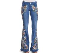 FGRID Bell Bottom Jeans for Women, Plus Size Floral Embroidered Low Rise Bootcut Jeans Slim Distressed Wide Legs Long Denim Pants,Blue,M