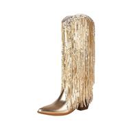 FGRID Fringe Cowboy Boots for Women, Large Size Sparkly Sequin Tassel Mid Calf Boots, Winter Chunky Heel Pointed Toe Glitter Western Boots,Gold,39