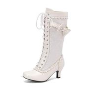 FGRID Gothic Boots for Women, Vintage Low Kitten Heel Mid Calf Boots, Plus Size Bowknot Lace Up Medieval Victorian Boots,White,46