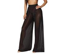 FGRID Ladies Sexy Wide Leg Sheer Mesh Pants, See-Through Loose Swimsuit Beach Pants, High Waist Bikini Straight Bottom Cover Ups Long Pants,Black,L