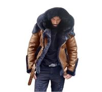 FGRID Men Fleece Lined Leather Jackets, Vintage Lapel Zip Faux Shearing Motorcycle Jacket, Winter Warm Fur PU Windproof Coat with Hood,Brown,5XL