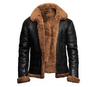 FGRID Men's Sheepskin Leather Jacket with Fur Collar, Vintage Lapel Fleece Lined Faux Fur PU Overcoat Warm Zip Up Leather Short Biker,Brown,L