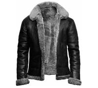 FGRID Men's Sheepskin Leather Jacket with Fur Collar, Vintage Lapel Fleece Lined Faux Fur PU Overcoat Warm Zip Up Leather Short Biker,Grey,S