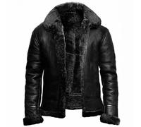 FGRID Men's Sheepskin Leather Jacket with Fur Collar, Vintage Lapel Fleece Lined Faux Fur PU Overcoat Warm Zip Up Leather Short Biker,Black,L