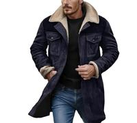 FGRID Men's Vintage Faux Suede Jacket, Plush Collar Western Cowboy Coats Distressed Thicken Multi Pocket Long Motorcycle Trench Coats,Navy,L