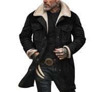 FGRID Men's Vintage Faux Suede Jacket, Plush Collar Western Cowboy Coats Distressed Thicken Multi Pocket Long Motorcycle Trench Coats,Black,S