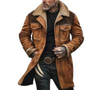 FGRID Men's Vintage Faux Suede Jacket, Plush Collar Western Cowboy Coats Distressed Thicken Multi Pocket Long Motorcycle Trench Coats,Brown,XS
