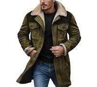 FGRID Men's Vintage Faux Suede Jacket, Plush Collar Western Cowboy Coats Distressed Thicken Multi Pocket Long Motorcycle Trench Coats,Green,XXL