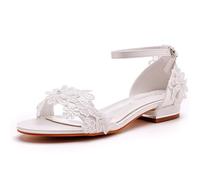 FGRID Women Chunky Low Heels Wedding Sandals, Sexy Peep Toe White Lace Floral Flats Bridal Sandals, Summer Satin Ankle Buckle Dolly Dress Sandals,Ivory,6 UK