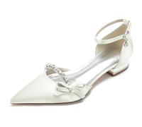 FGRID Women Satin Wedding Flats Shoes, Elegant Pointed Toe Rhinestone Ballet Bridal Flat, Chunky Heel Bow Tie Prom Dress Pumps Sandals,Ivory,40