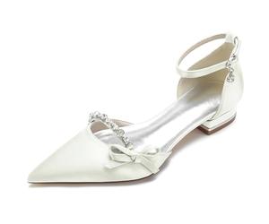 FGRID Women Satin Wedding Flats Shoes, Elegant Pointed Toe Rhinestone Ballet Bridal Flat, Chunky Heel Bow Tie Prom Dress Pumps Sandals,Ivory,40