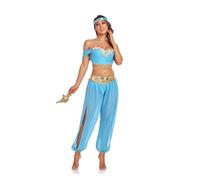 FGRID Women's Belly Dance Princess Costume, Aladdin Halloween Chiffon Top Slit Bloomers Pants, Arabian Dancer Harem Dress Gown,Blue,S