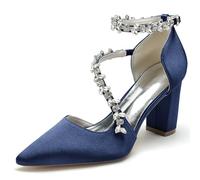 FGRID Women's Block High Heels Wedding Shoes for Bride, Closed Toe Satin Rhinestones Ankle Strap Dress Pumps Prom Evening Party Bridesmaids Sandals,Navy Blue,5 UK
