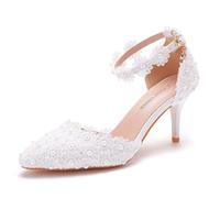 FGRID Women's Bridal High Heel Shoes, Elegant Faux Leather Pearl Lace Stiletto Wedding Sandals, 2.95''Closed Toe Ankle Strap Ballet Pumps,White,1 UK