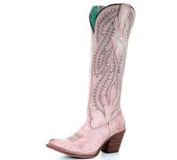 FGRID Women's Chunky Heel Western Cowboy Boots, Vintage Faux PU Embroidered Wide Calf Cowboy Boots, Winter Side Zipper Mid-tube Knight Boots,Pink,38