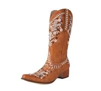 FGRID Womens Cowboy Boots Snip Toe, Fashion Square Toe Floral Embroidered Western Boot, Winter Block Heel Distressed Mid Calf Boot,Brown,39
