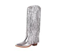 FGRID Women's Fringe Metallic Cowgirl Mid-Calf Boots, Oversize Pointed Toe Sequin Tassel Knee High Western Boots, Block Heel Sparkly Parties Boots,Silver,36