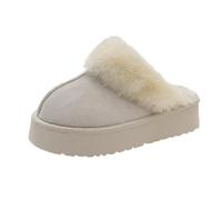 FGRID Women's Fuzzy Outdoor House Slippers, Fashion Plush Platform Slingback Sandals with Fur Collar, Winter Slip-on Fur Fleece Lined Slide Slippers,Beige,37