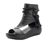 FGRID Women's High Heels Wedge Sandal, Summer Faux PU Fish Mouth Platform High Top Sandals, Casual Peep Toe Back Zipper Roman Ankle Boots Sandals,Black,39