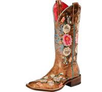 FGRID Women's Knee High Cowboy Boots, Vintage Faux PU Flower Embroidered Mid Calf Boots, Winter Chunky Heel Fur Lining Snip Toe Western Boot,Brown,40