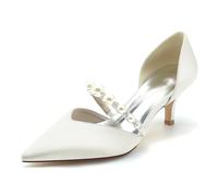 FGRID Women's Low Kitten Heels Wedding Bridal Shoes, Satin Pearl Closed Toe Cut Out Low Heel Dress Pumps, Sexy Stiletto Prom Party Court Shoes,Ivory,3 UK