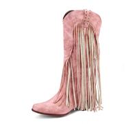 FGRID Women's Mid-Calf Cowboy Cowgirl Boots, Retro Suede Fringe Block Heels Western Tall Boots, Square Toe Tassel Knee-High Snip Toe Boots,Pink,41