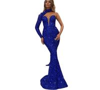FGRID Women's Off-Shoulder Long Evening Gowns, Elegant Asymmetrical Sparkly Mermaid Cocktail Dress Backless Sequins Bodycon Dress,Blue,3XL