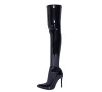 FGRID Women's Patent Leather Over The Knee Boots, Fashion Shiny PU Pointed Toe Stiletto High Heel Boot, Winter Nightclub Long Boots with Zip,Black,38