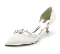 FGRID Women's Pointed Toe Pearl Wedding Flats, Fashion Satin Cut Out Low Kitten Heels Bridal Shoes, Sexy Closed Toe Stiletto Heel Prom Dress Pumps,Ivory,10 UK
