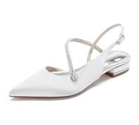 FGRID Women's Satin Rhinestones Bridal Flats, Pointed Toe Low Heels Wedding Pumps Sandals, Evening Prom Party Bridesmaid Dress Shoes,White,39