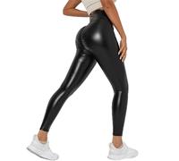 FGRID ,Women's Stretchy Faux Leather Leggings, Sexy High Waited Butt Lifting Leather Pants, Shiny PU Wet Look Tight Pants,Black,M