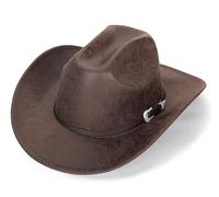 FGSS Mens Pu Leather Western Cowboy Hat Wide Brim Fedora Gambler Hat Outback Hat with Buckle for Women, Brown, M