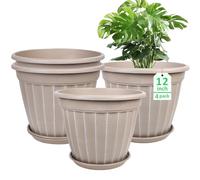 FGstyle 12 Inch Pots for Plants,4 Pack Tall Planters,Large Flower Pots with Drainage Hole & Saucer,Decorative Outdoor Planter for Planting Medium Large Plants(Beige