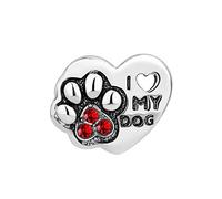 FGT Dog Puppy Pet Paw Print Love Heart Charm fits Pandora Charms Moments Bracelets Birthday Jewellery Gift for Women Red CZ Birthstones