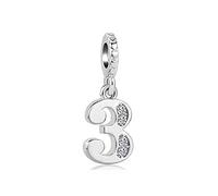 FGT Lucky Number Silver Tone Crystal Clear CZ 3 Three 3rd CharmCompatible with Pandora Charms Bracelets Women Sister Wife Girls Birthday