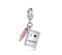 FGT Openable I Love Reading Book Charm fits Pandora Charms Bracelets Birthday Jewellery Gift for Women Knowledge is Power Pink Pencil