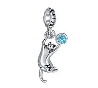 FGT Playing Cat Dangle Charm fits Pandora Charms Bracelet Birthday Jewellery Gift Ginger Tabby Kitten Kitty March Blue Birthstone