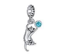 FGT Playing Cat Dangle Charm fits Pandora Charms Bracelet Birthday Jewellery Gift Ginger Tabby Kitten Kitty December Blue Birthstone