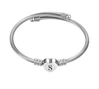 FGT S Initial Love Heart Letter Cuff Bangle Bracelets for Women Name Family Birthday Christmas Stainless Steel Script Point Alphabet Silver