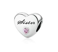 FGT Sister Love Heart Sterling Silver Charm fits Pandora Charms Bracelets Birthday Bead Gift for Women Friendship Sisters Cursive Writing Pink Cubic Zirconia